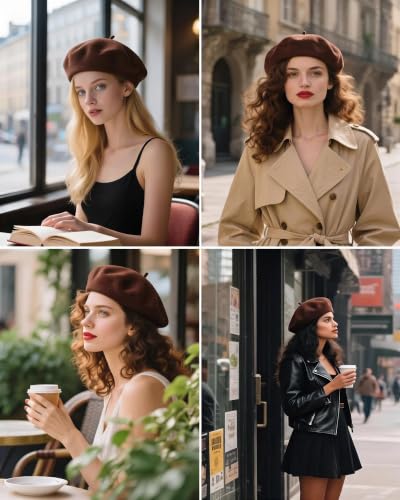 French Beret Hats for Women - Wool Solid Color Beanie Cap - color: Coffee