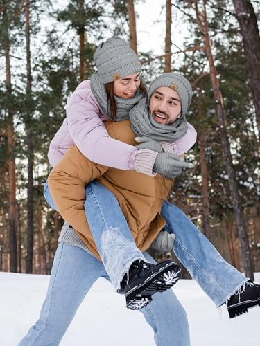 LOROME Winter Beanie Hat Scarf Gloves, Warm Fleece Knit Neck Scarf Set Gift - color: Light Gray