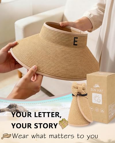 Beach Straw Sun Hat for Women, Wide Brim UV Protection Visors Hat with Ponytail Opening, Foldable Summer Travel Hat - color: Khaki - Initial E