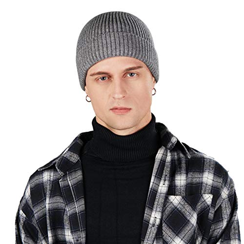 3 Pack Wool Fisherman Beanies for Men, Short Knit Watch Cap Cuffed Hats - color: E-black, Gray, Red