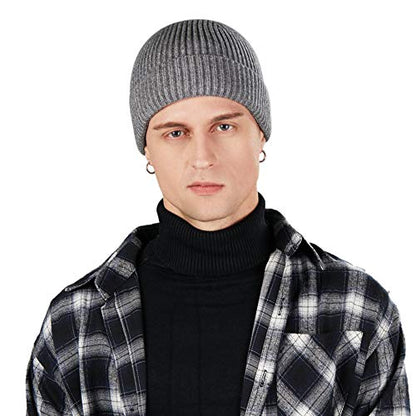 3 Pack Wool Fisherman Beanies for Men, Short Knit Watch Cap Cuffed Hats - color: G-black, Gray, Wine Red