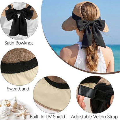 Ababalaya Women’s Sun Hats Roll Up UV Straw Beach Hat with Chic Bowknot - color: Marled Khaki