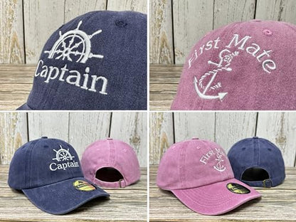 Embroidered Captain & First Mate Baseball Caps Set for Men Women - color: Captain First Mate (Navy Blue & Washed Pink)