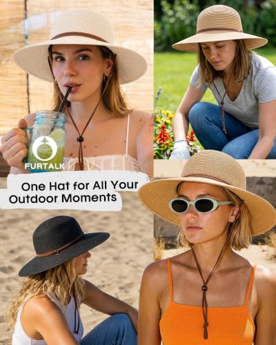 FURTALK Womens Wide Brim Sun Hat with Wind Lanyard UPF Summer Straw Sun Hats for Women - color: Cream White, size: Medium-Large