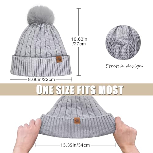 Winter Beanie Hats for Women Pom Pom Wool Cable Knit Thermal Fleece Warm Faux Fur Beanies for Cold Weather - color: Grey