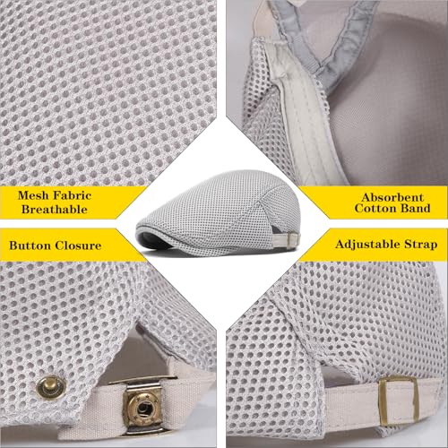 meioro Mens Breathable Mesh Summer Hat Adjustable Flat Cap Newsboy Beret Ivy Cap Irish Cabbie Fishing Hats - color: Lightgrey