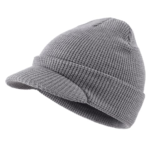 Home Prefer Mens Wool Blend Winter Hat Double-Layer Warm Knit Pre-Curve Visor Beanie Brimmed Beanies Hat for Men Women - color: Ash