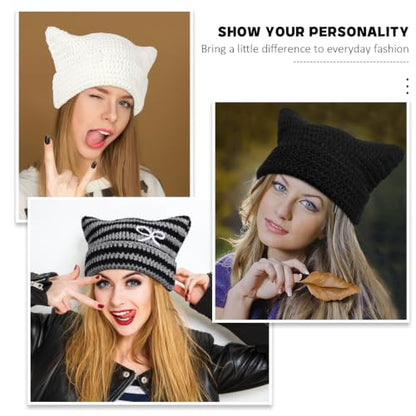 Women Beanie Warm Winter Hats, Soft Knit Lazy Beanie for Women, Women Cat Beanie，Women Fox hat, Slouchy Beanies for Women - color: Blue Gray & Black 2pcs