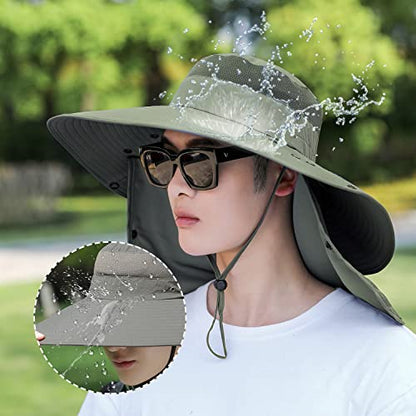 Women Wide Brim Face Mask Sun Hat Detachable Neck Face Flap Ponytail UV Protection Visor Hat Garden Fishing Hiking - color: Hyp008-armygreen