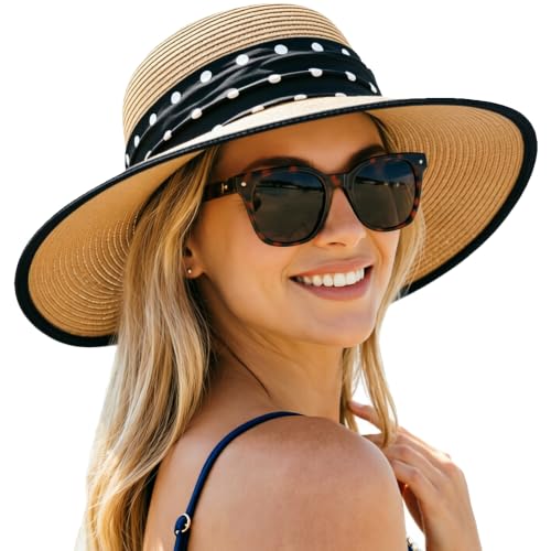 DRESHOW Sun Hats for Women Travel Fedora Foldable Beach Sun Hat Summer Wide Brim Straw Bucket Hat with Bowknot UPF 50+ - color: 1 Pack Bowknot Straw Hat: Khaki (Black Polka Dot Band)