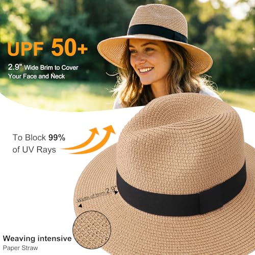 DRESHOW Women Straw Panama Hat Travel Fedora Beach Sun Hat Summer Wide Brim Straw Roll up Hats UPF 50+ - color: Fedora a Khaki