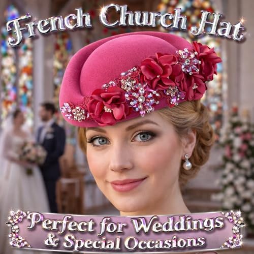 Petaluna Women's Flower Beret Suitable for Church Wearing Elegant Breathable Wedding Party Retro French Headdress - color: Rose Red
