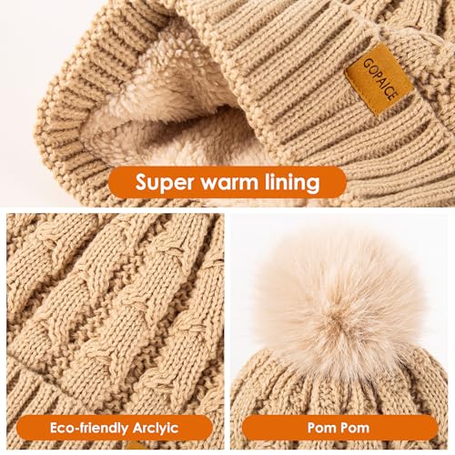Womens Winter Knitted Beanie Hat,Warm Fleece Lined Soft Chunky Trendy Ski Cap with Cute Pom Pom - color: Beige