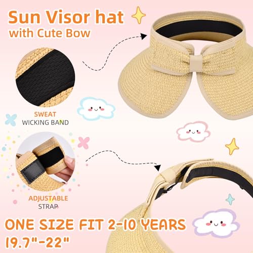 Girls Sun Visor Hat with Ponytail Hole Wide Brim Beach Straw Visor UPF 50+ - color: 1pack-beige