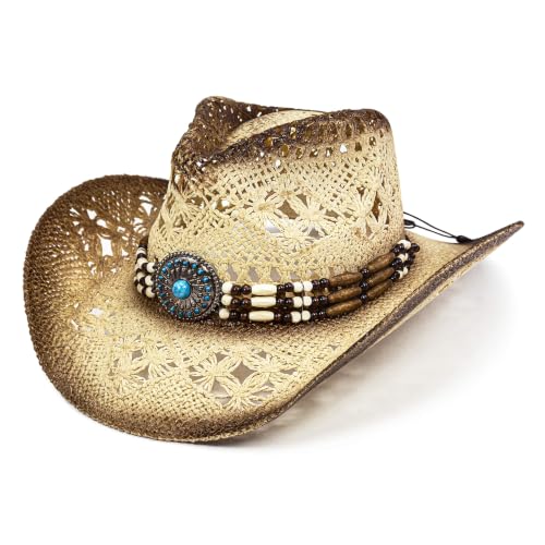FLUFFY SENSE. Cowgirl Hats for Women Straw Cowboy Hat Western Beach Sun Hat with Shapeable Brim for Coastal Cowgirl - color: Cream Beige
