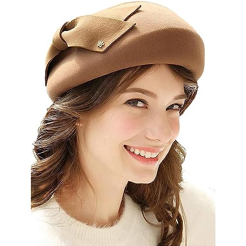 Women Vintage Bowknot Berets with Beading Autumn Winter French Artist Hat Painter Hats Female Bowler Hat Warm Cap - color: Camel
