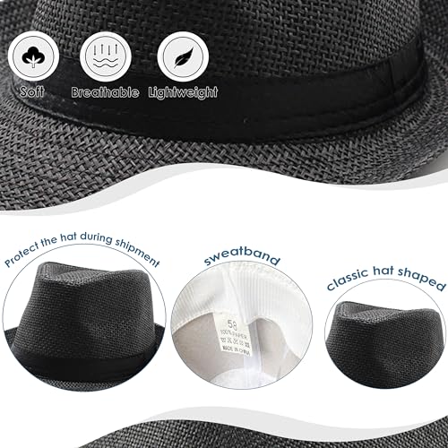 Straw Fedora Hat for Men Panama Hat Short Brim Summer Sun Hat - color: Black Belt-black