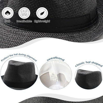 Straw Fedora Hat for Men Panama Hat Short Brim Summer Sun Hat - color: Black Belt-black