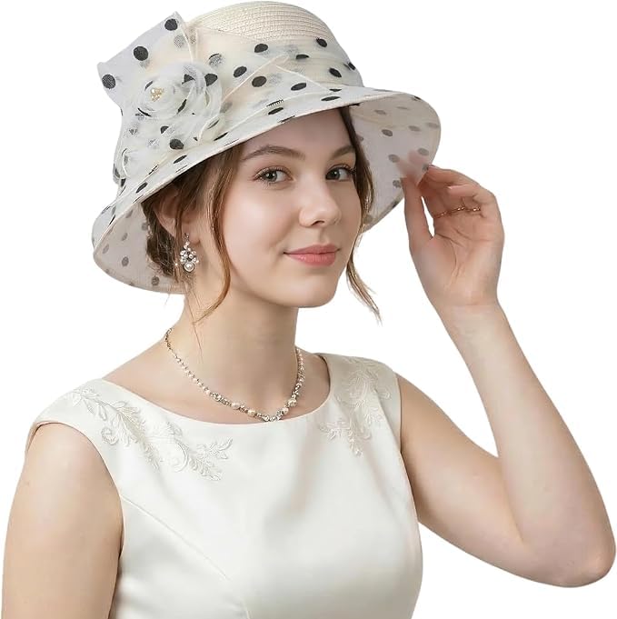 Women Church Hat Organza Wide Brim Beach Sun Derby Hat Lady Dress Tea Party Wedding Derby Bucket Hats UV Protection Hats - color: White