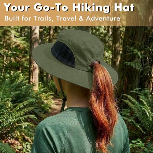 Tirrinia Sun Hats for Women, Wide Brim Hat with Ponytail Hole - color: #Green-23.7'' Head