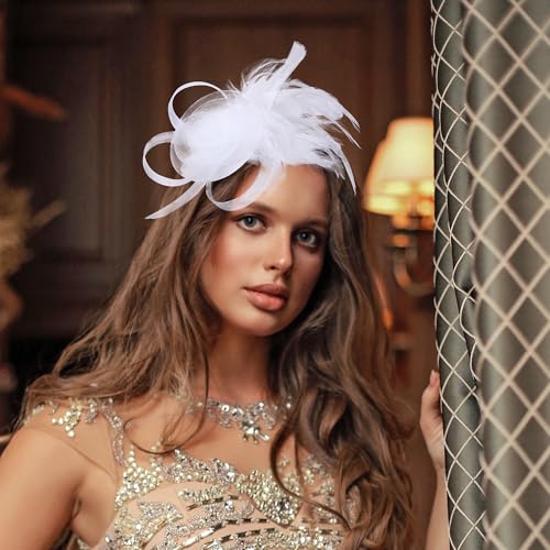 Zinniday Victorian Feather Fascinators Hats - 2025 Derby Attire Headwear with Hairpin,1920s Tea Party Hat for Woman - color: White