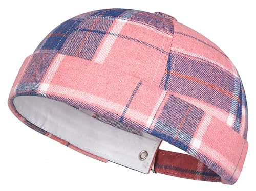 DIYDECAL Striped Plaid Brimless Worker Cap,Retro Skullcap Docker Hat for Men Womens - color: Pink