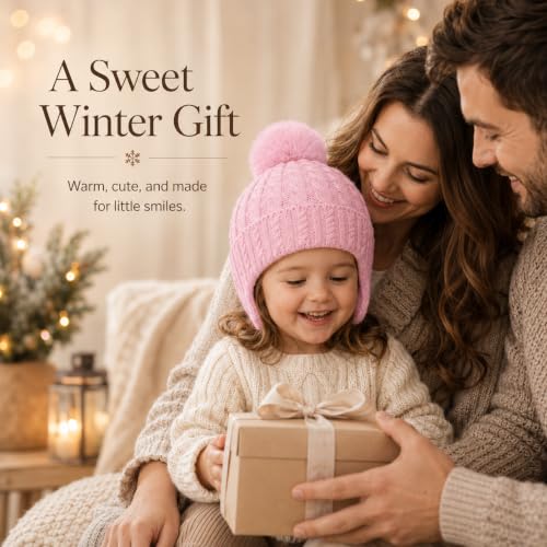 Toddler Baby Winter Hat with Earflap Kids Warm Twisted Knit Hat Infant Pom Pom Beanie Ski Cap for Baby Girls Boys - color: Pink, size: 2-6 Years