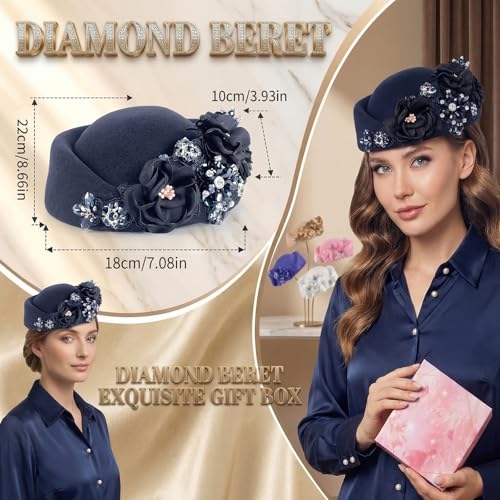 Petaluna Women's Flower Beret Suitable for Church Wearing Elegant Breathable Wedding Party Retro French Headdress - color: Navy Blue