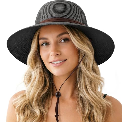 DRESHOW Womens Summer Straw Sun Hat Wide Brim Bucket Hats Fedora Hat Panama Beach Hat with Chin Strap UPF 50+ - color: Straw Hat With Wind Lanyard: Black