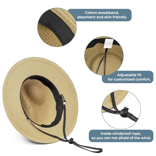 Sun Hat Straw Fedora Hats for Men Women Beach Hat Panama Hat Men Wide Brim Summer Hats UPF80+ - color: Khaki, size: X-Large