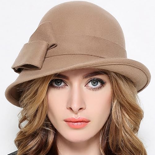 Wool Felt Vintage Winter Warm Hats for Women Bowknot Pillbox Cap Ladies Fascinator Kentucky Party Ceremony Church Fedoras - color: Khaki