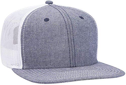 Ashen Fane 6 Panel Mid Profile Mesh Back Structured Trucker Adjustable Snapback Hat - color: Chambray Navy/White