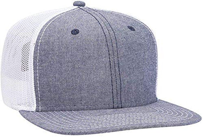 Ashen Fane 6 Panel Mid Profile Mesh Back Structured Trucker Adjustable Snapback Hat - color: Chambray Navy/White
