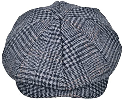 Mens Newsboy Cap High Woolen Tweed Gatsby Hat Ivy Cabbie Flat Golf Cap for Fathers Women Unisex - color: Plaid Grey, size: 7-7 1/8