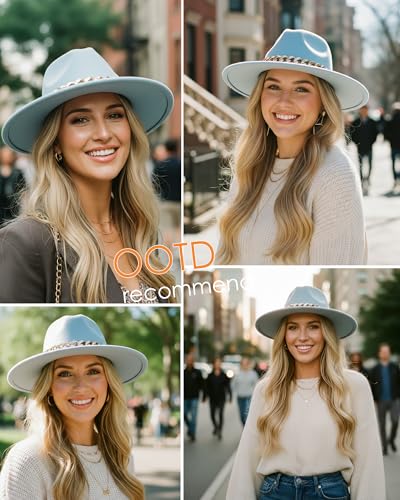 Men & Women Wide Brim Fedora Hat with Chain Buckle - color: Chain Belt-sky Blue