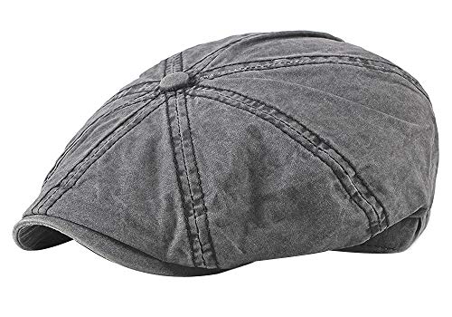 Mens 8 Panel Washed Cotton Newsboy Cap, Outdoor Sun Protection Flat Cap - color: Black