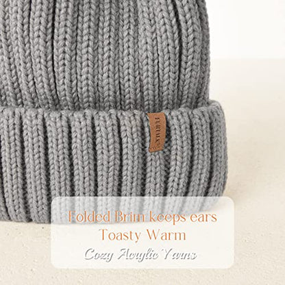 FURTALK Winter Beanie Hats for Women Fleece Lined Pom Pom Knitted Warm Beanie Caps - color: 05-fog Gray