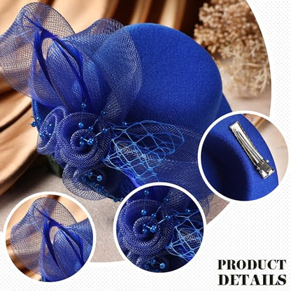 Zinniday 2026 Mini Fascinators Hat - Elegant Small Blue Kentucky Attire Derby Headwear Accessories 1920s 50s High Tea Party Church Tiny Veil Hat with Hair Clip for Women Girls - color: Blue