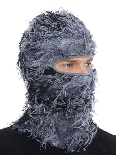 ROXUN Distressed Ski Mask Balaclava, Yeat Shiesty Fluffy Knitted Full Face - color: 01- Gray Mixed