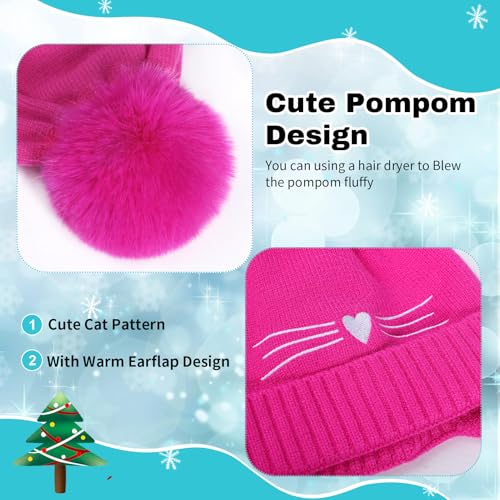 Girls Beanie Knit Hat with Ear Flaps Rainbow Cat Hats Toddler Kids Winter Outdoor Skull Snow Ski Cap Age 2-10 - color: Hot Pink, size: 2-4T