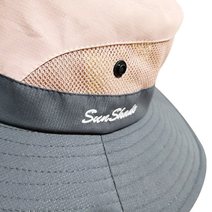 Muryobao Women's Ponytail Sun Hat UV Protection Foldable Mesh Wide Brim Beach Fishing Hat - color: Pink