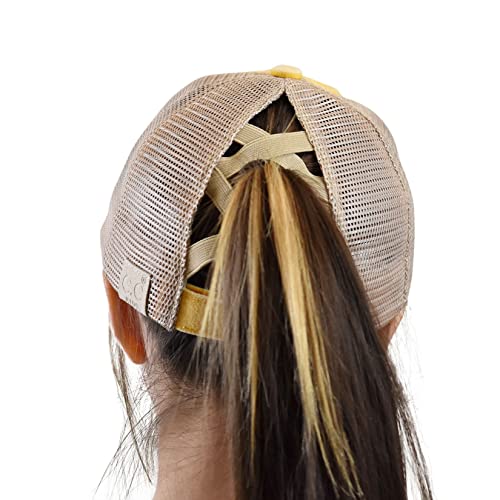 C.C. Childrens' Kids' Girls' Criss Cross High Bun Adjustable Mesh Trucker Baseball Cap - color: Bee Happy, Yellow