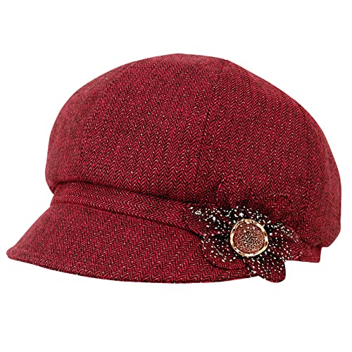 Women Retro Classic Visor Newsboy Cabbie Cap Beret Hats with Flower Buckle for Woman Ladies - color: 1red