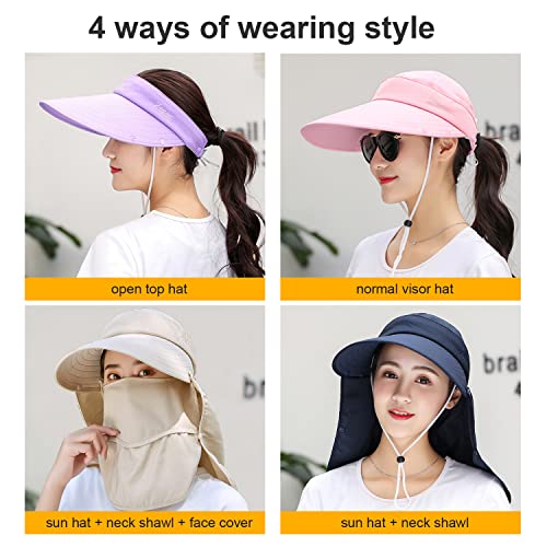 Women Wide Brim Face Mask Sun Hat Detachable Neck Face Flap Ponytail UV Protection Visor Hat Garden Fishing Hiking - color: A7-shun005-meihong