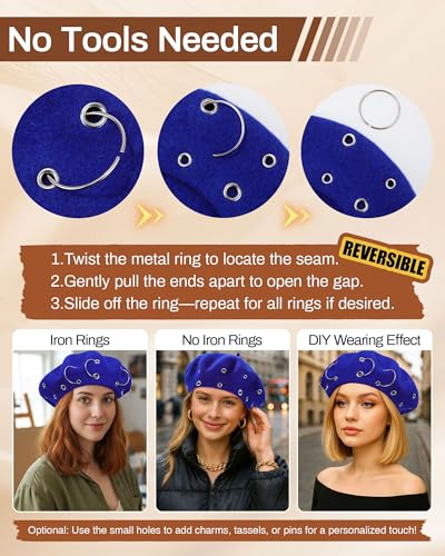 AWAYTR Punk Beret Hat for Women - 90% Wool Blend Goth Alt French Cap - color: Royal Blue