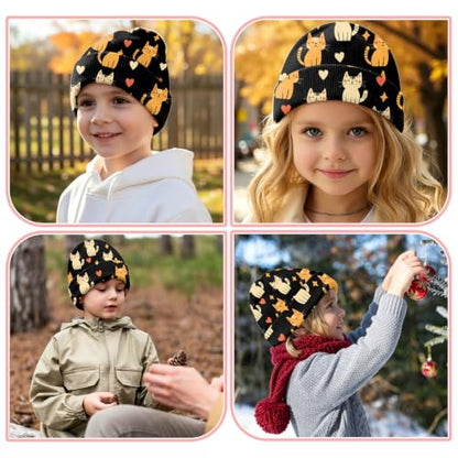 Kids Beanie Knit Hat Winter Unisex Cuffed Beanies Skull Cap Warm Double Layer Thick Acrylic Cute for Girls Boys - color: Cat