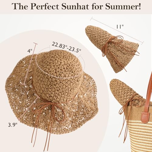 Beach Sun Straw Hats for Women Floppy Wide Brim UV Packable Summer - color: Khaki - Pineapple Knitted