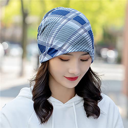 XYIYI Womens Chemo Headwear Hats Cotton Slouchy Beanie Cap Scarf - color: 2pcs Checkered Pink Blue-y