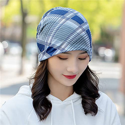 XYIYI Womens Chemo Headwear Hats Cotton Slouchy Beanie Cap Scarf - color: 2pcs Checkered Pink Blue-y