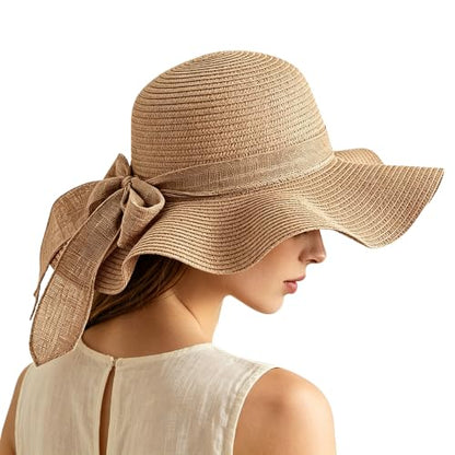 Women Floppy Sun Hat with Wide Brim, Foldable Roll-Up Straw Beach Hat Summer Hat for Travel - color: Khaki